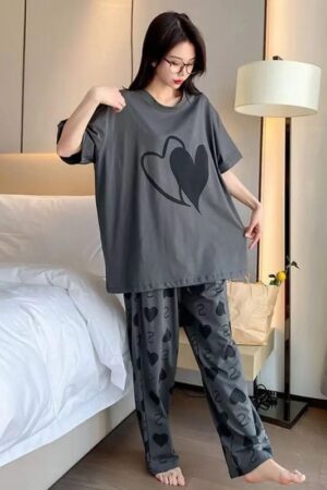 Charcoal Grey Hearts Printed Shirt With Hearts Printed Trouser Pj Suit For Girls / Women