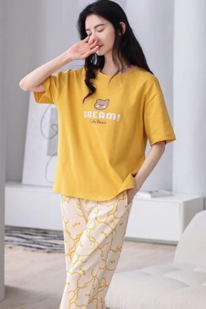 Yellow Dream Bear Shirt With Off White Bears Printed Trouser Suit For Girls / Women